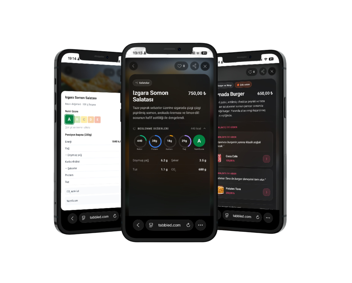Tabbled dijital menü — üç telefon ekranında ürün önizlemesi
